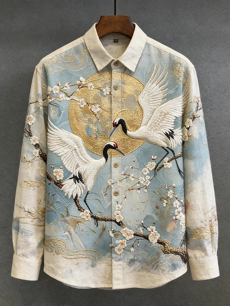 Everwow™ Golden Crane Blossom Shirt – Premium Artistic Long Sleeve Shirt