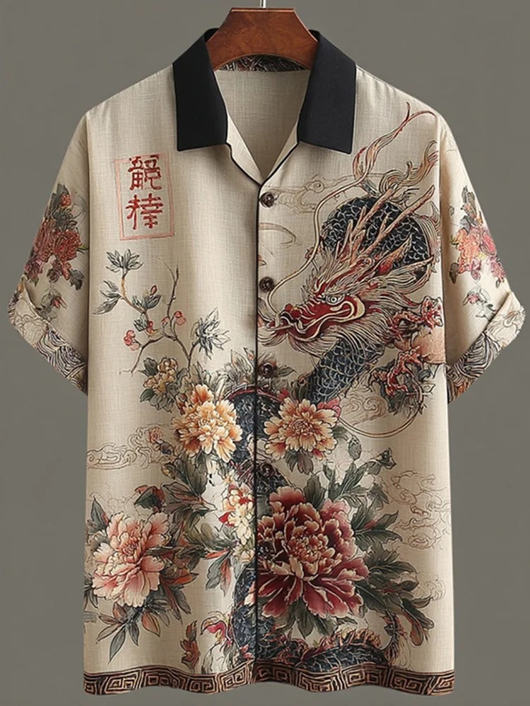 Everwow™ Dragon Floral Harmony Shirt – Premium Cultural Print Short Sleeve Shirt