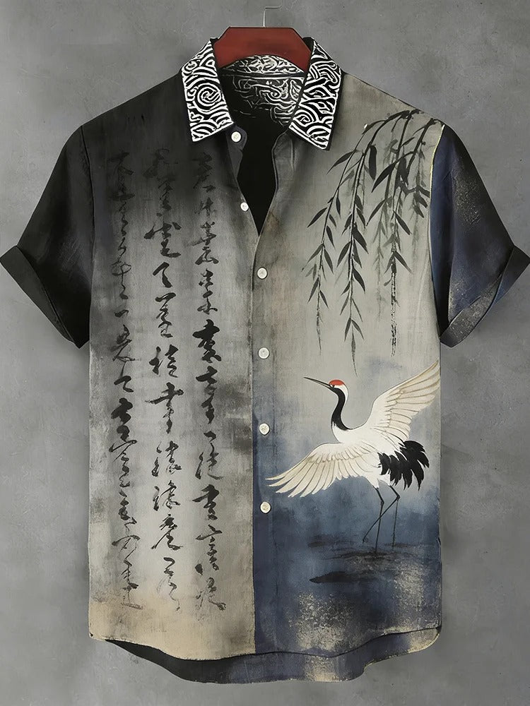 Everwow™ Crane Harmony Calligraphy Shirt – Premium Cultural Print Short Sleeve Shirt