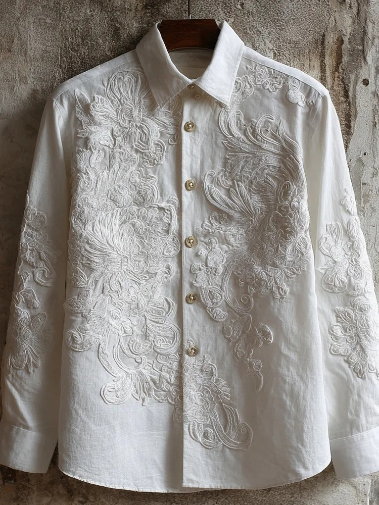 Everwow™ Imperial White Phoenix Embroidered Shirt – Premium Luxury Long Sleeve Shirt