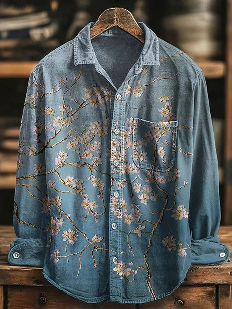 Everwow™ Sakura Breeze Denim Shirt – Premium Artistic Long Sleeve Shirt