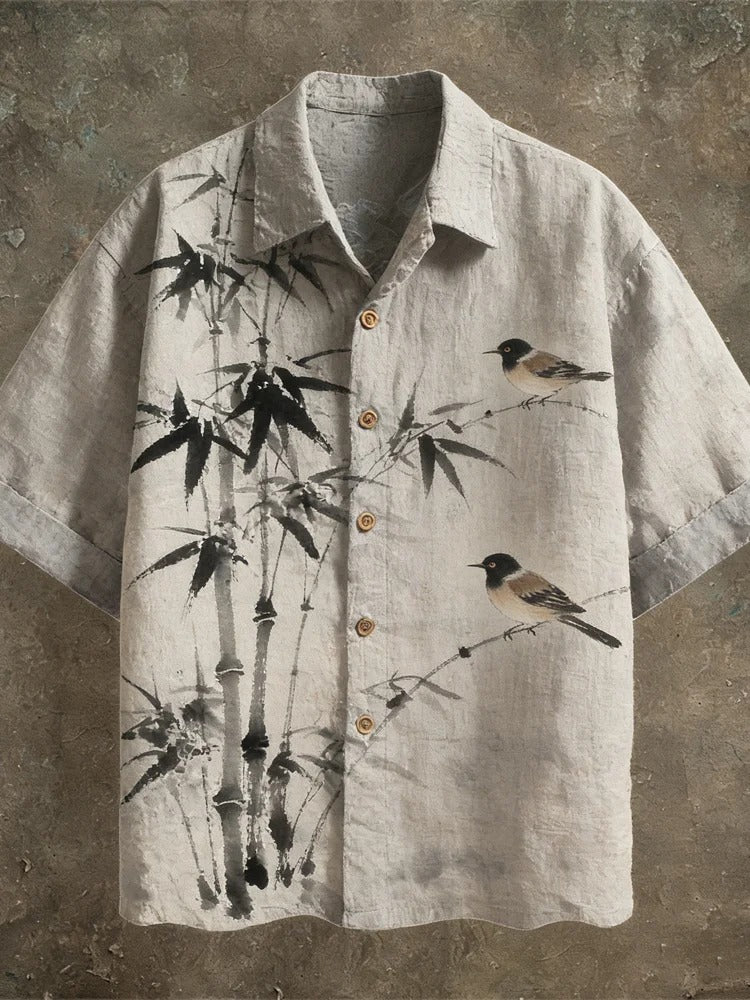 Everwow™ Bamboo Birds Ink Art Shirt – Premium Cultural Print Short Sleeve Shirt