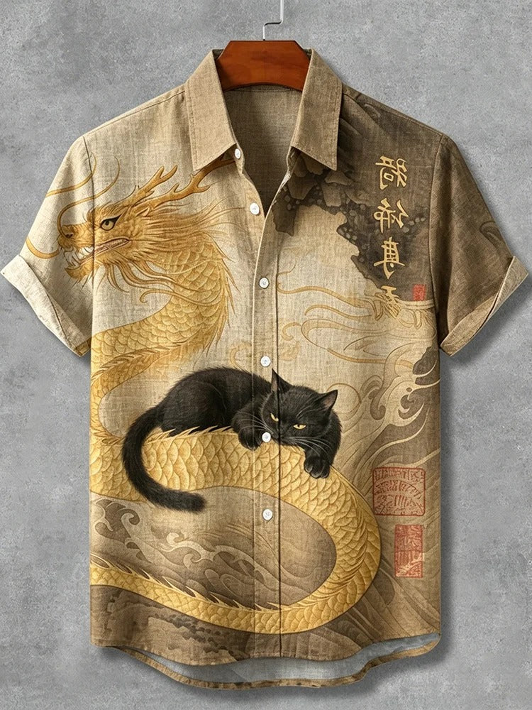 Everwow™ Golden Dragon Cat Artistic Shirt – Premium Cultural Print Short Sleeve Shirt