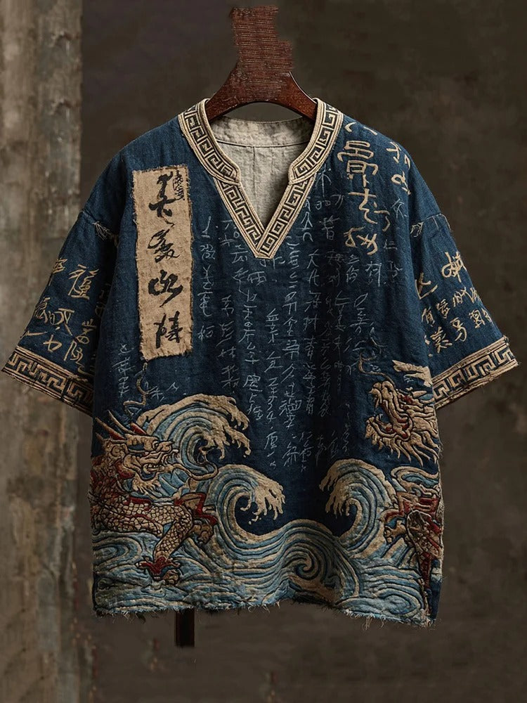 Everwow™ Ocean Wave Dragon Heritage Shirt – Premium Cultural Print Short Sleeve Shirt