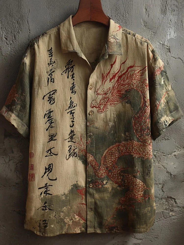Everwow™ Vintage Red Dragon Calligraphy Shirt – Premium Cultural Print Short Sleeve Shirt