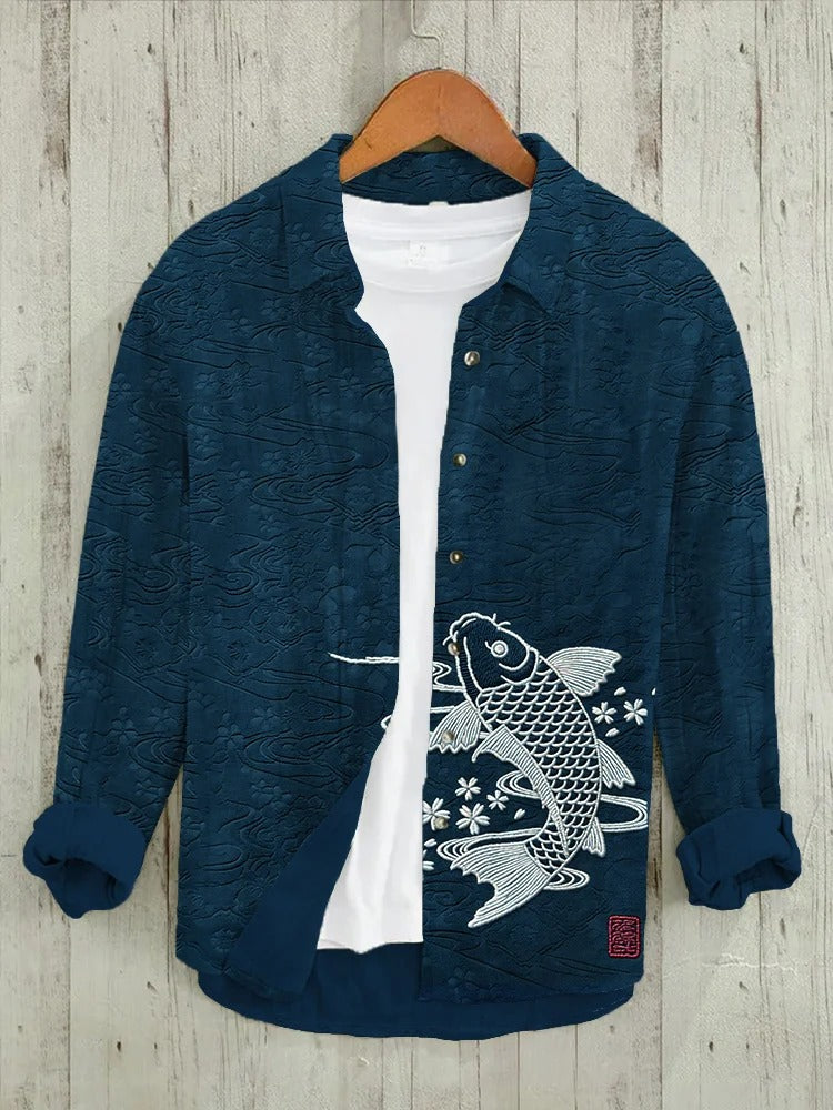 Everwow™ Koi Embroidered Texture Shirt – Premium Artistic Long Sleeve Shirt