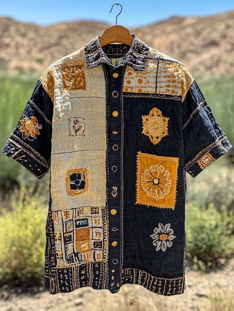 Everwow™ Boho Patchwork Embroidery Shirt – Premium Artistic Short Sleeve Shirt