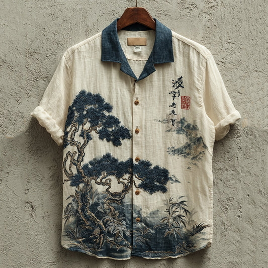 Everwow™ Pine Landscape Calligraphy Shirt – Premium Cultural Print Short Sleeve Shirt