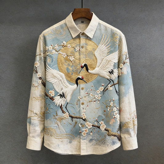 Everwow™ Golden Crane Blossom Shirt – Premium Artistic Long Sleeve Shirt