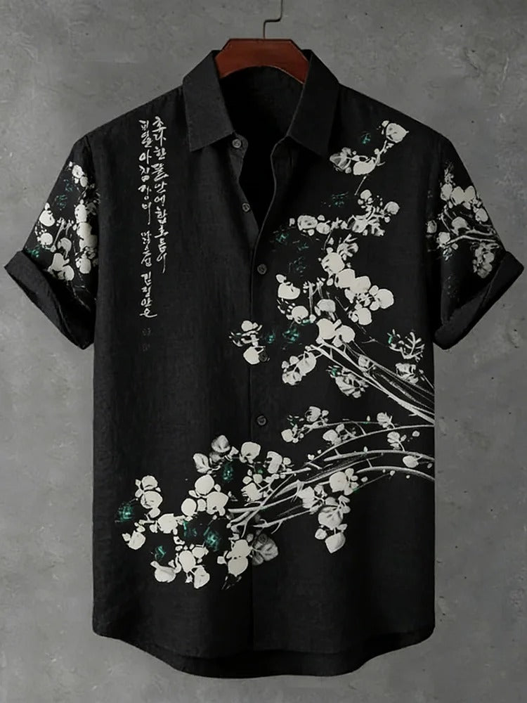Everwow™ Black Blossom Calligraphy Shirt – Premium Artistic Short Sleeve Shirt