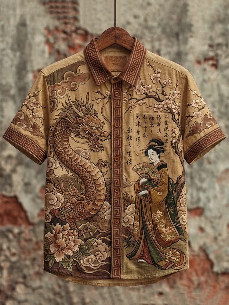 Everwow™ Vintage Dragon Geisha Heritage Shirt – Premium Cultural Print Short Sleeve Shirt