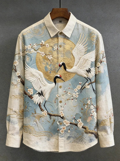 Everwow™ Golden Crane Blossom Shirt – Premium Artistic Long Sleeve Shirt