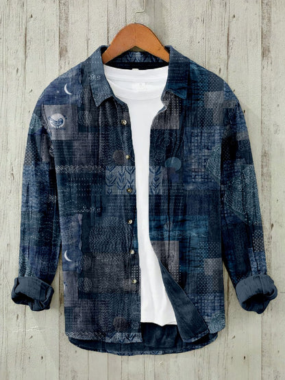 Everwow™ Midnight Indigo Patchwork Shirt – Premium Artistic Long Sleeve Shirt