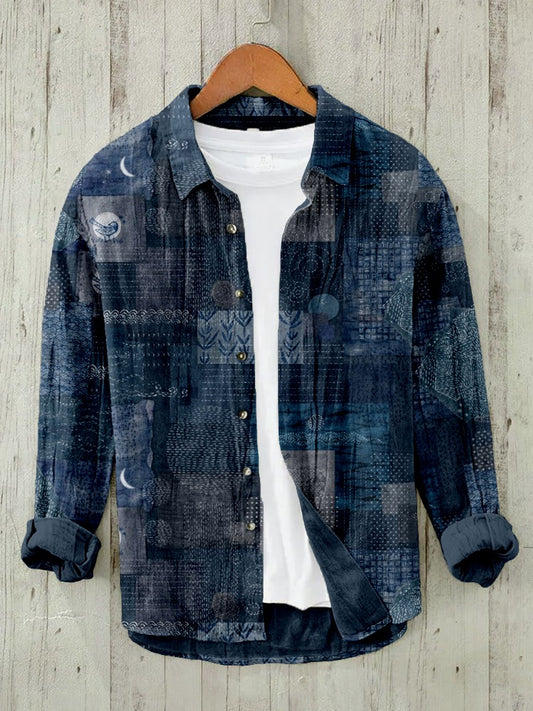 Everwow™ Midnight Indigo Patchwork Shirt – Premium Artistic Long Sleeve Shirt