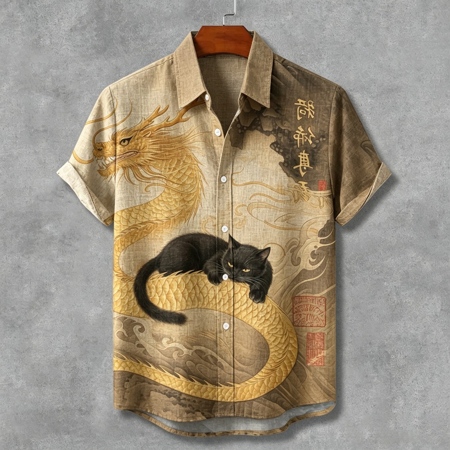 Everwow™ Golden Dragon Cat Artistic Shirt – Premium Cultural Print Short Sleeve Shirt
