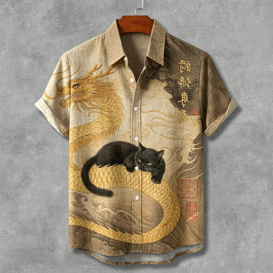 Everwow™ Golden Dragon Cat Artistic Shirt – Premium Cultural Print Short Sleeve Shirt