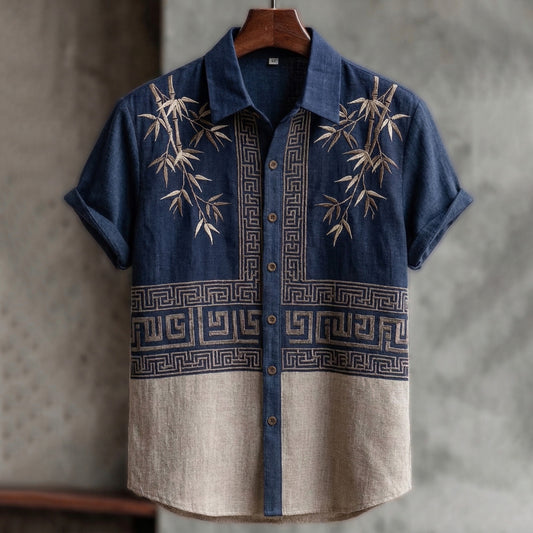 Everwow™ Blue Bamboo Embroidered Shirt – Premium Cultural Short Sleeve Shirt