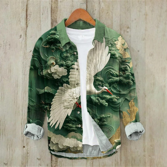 Everwow™ Emerald Crane Horizon Shirt – Premium Artistic Long Sleeve Shirt