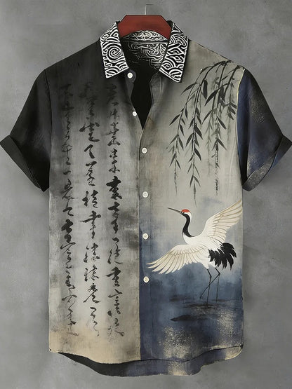 Everwow™ Crane Harmony Calligraphy Shirt – Premium Cultural Print Short Sleeve Shirt