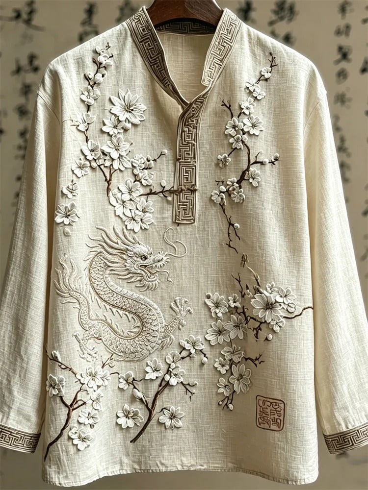 Everwow™ Dragon Blossom Mandarin Collar Shirt – Premium Artistic Long Sleeve Shirt