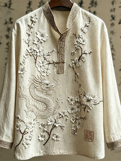 Everwow™ Dragon Blossom Mandarin Collar Shirt – Premium Artistic Long Sleeve Shirt