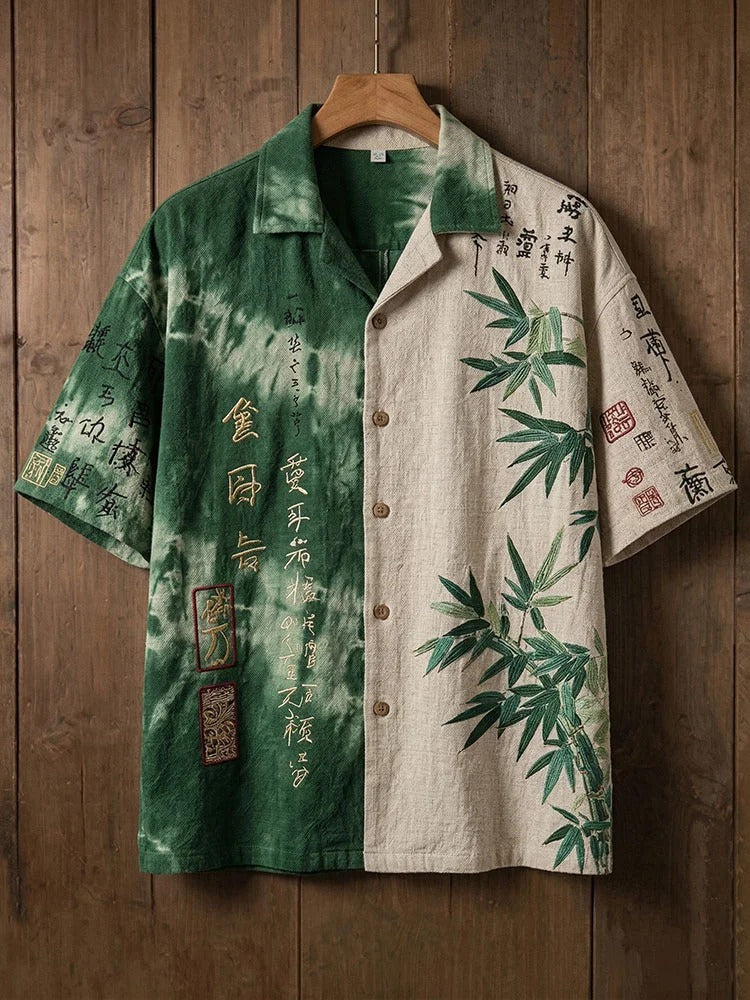 Everwow™ Green Bamboo Split Artistic Shirt – Premium Cultural Print Short Sleeve Shirt