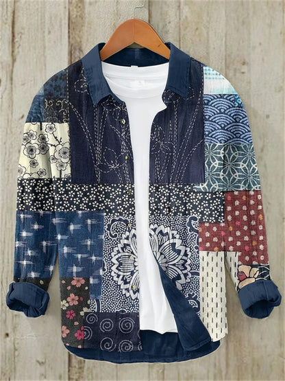 Everwow™ Indigo Patchwork Casual Shirt – Premium Artistic Long Sleeve Shirt