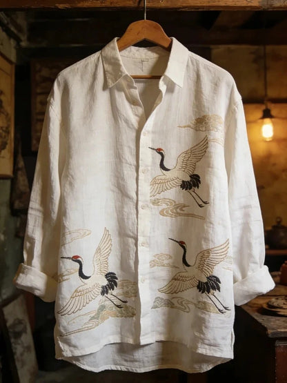Everwow™ White Crane Harmony Shirt – Premium Artistic Long Sleeve Shirt