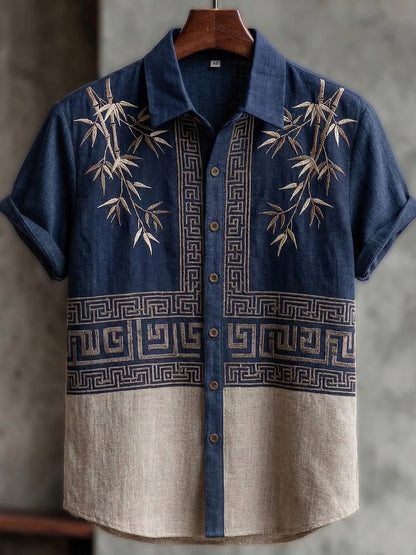 Everwow™ Blue Bamboo Embroidered Shirt – Premium Cultural Short Sleeve Shirt
