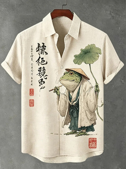 Everwow™ Zen Frog Monk Artistic Shirt – Premium Cultural Print Short Sleeve Shirt