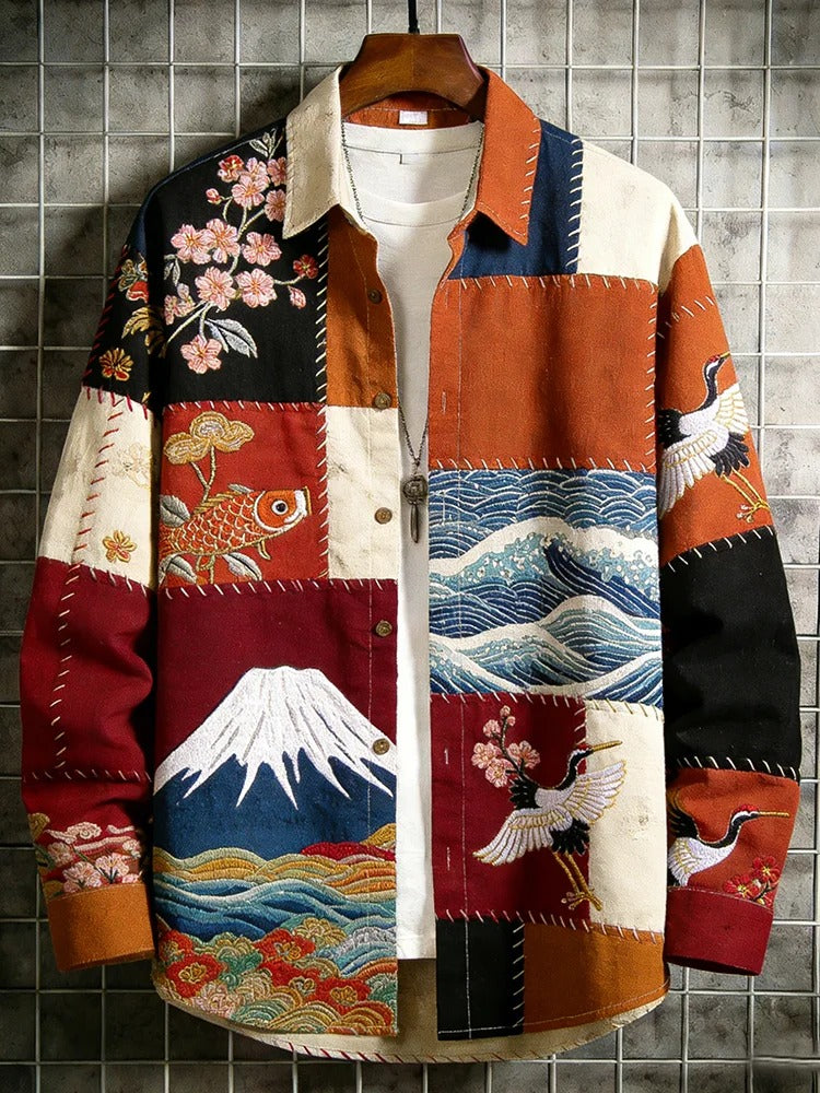 Everwow™ Sakura Wave Patchwork Shirt – Premium Artistic Long Sleeve Shirt