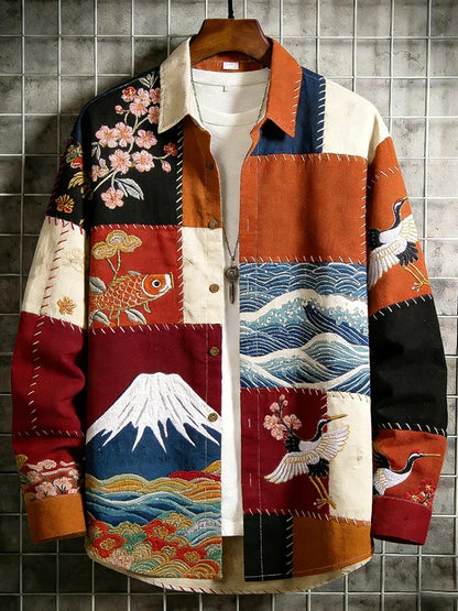 Everwow™ Sakura Wave Patchwork Shirt – Premium Artistic Long Sleeve Shirt