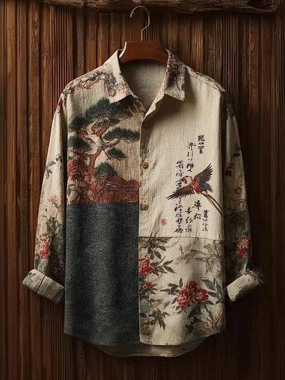 Everwow™ Bird Floral Heritage Patch Shirt – Premium Artistic Long Sleeve Shirt