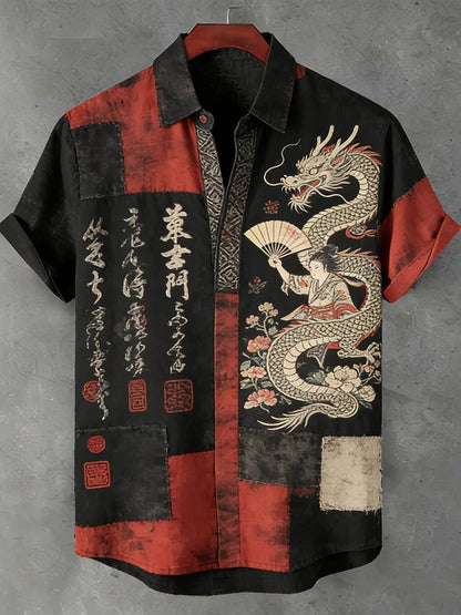 Everwow™ Dragon Geisha Patchwork Artistic Shirt – Premium Cultural Print Short Sleeve Shirt