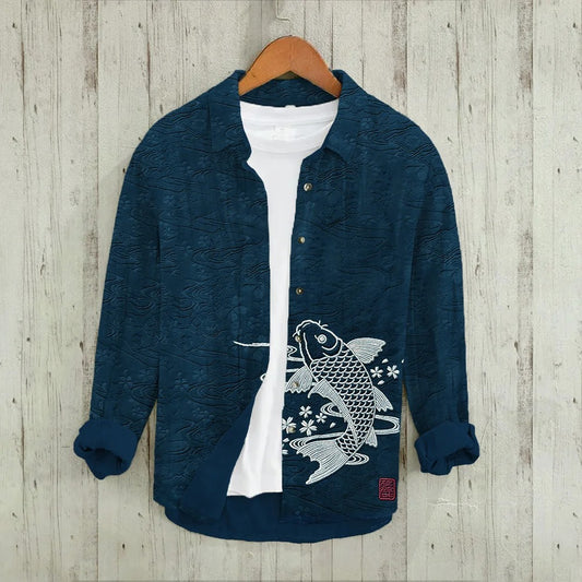 Everwow™ Koi Embroidered Texture Shirt – Premium Artistic Long Sleeve Shirt