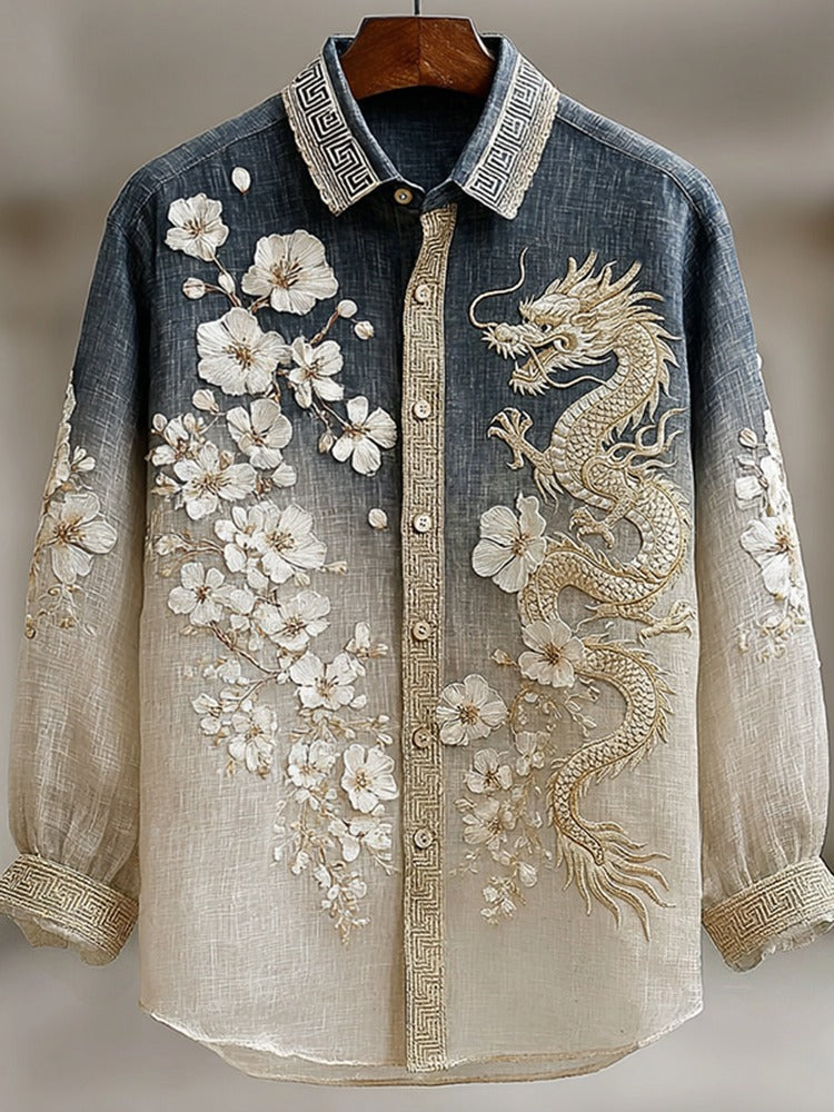Everwow™ Dragon Blossom Embroidered Gradient Shirt – Premium Artistic Long Sleeve Shirt