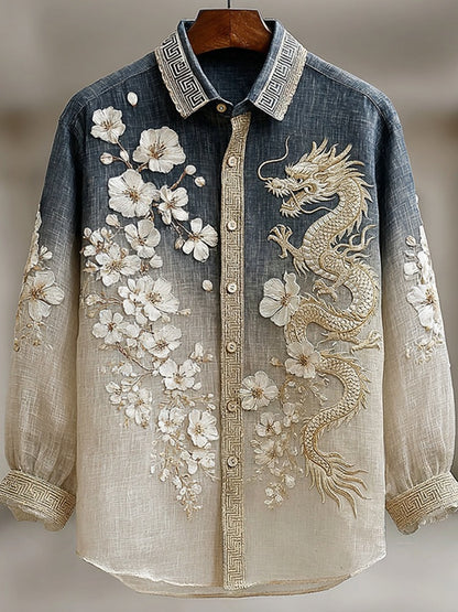 Everwow™ Dragon Blossom Embroidered Gradient Shirt – Premium Artistic Long Sleeve Shirt