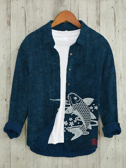 Everwow™ Koi Embroidered Texture Shirt – Premium Artistic Long Sleeve Shirt