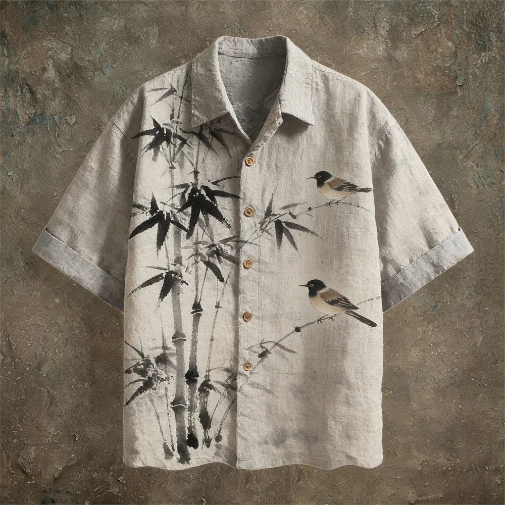 Everwow™ Bamboo Birds Ink Art Shirt – Premium Cultural Print Short Sleeve Shirt