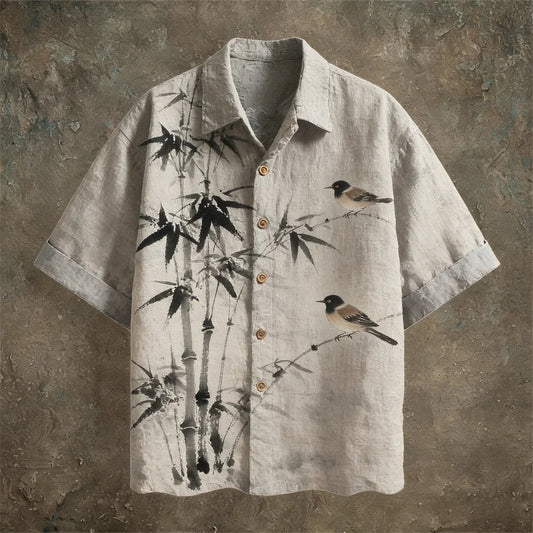 Everwow™ Bamboo Birds Ink Art Shirt – Premium Cultural Print Short Sleeve Shirt