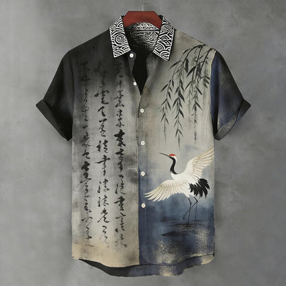 Everwow™ Crane Harmony Calligraphy Shirt – Premium Cultural Print Short Sleeve Shirt