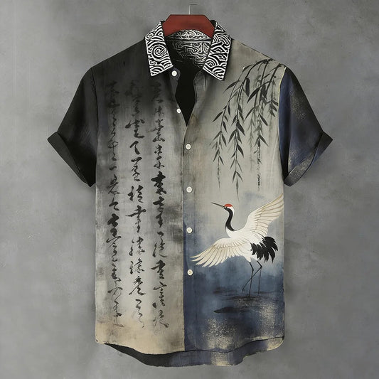 Everwow™ Crane Harmony Calligraphy Shirt – Premium Cultural Print Short Sleeve Shirt