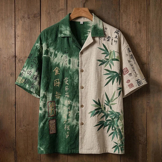 Everwow™ Green Bamboo Split Artistic Shirt – Premium Cultural Print Short Sleeve Shirt