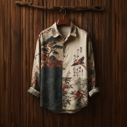 Everwow™ Bird Floral Heritage Patch Shirt – Premium Artistic Long Sleeve Shirt