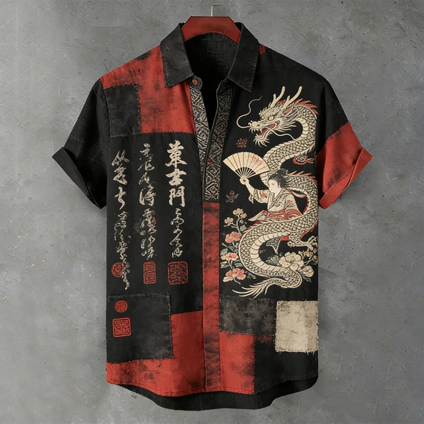 Everwow™ Dragon Geisha Patchwork Artistic Shirt – Premium Cultural Print Short Sleeve Shirt