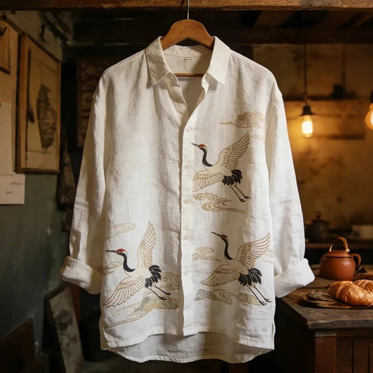 Everwow™ White Crane Harmony Shirt – Premium Artistic Long Sleeve Shirt