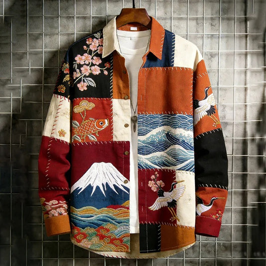 Everwow™ Sakura Wave Patchwork Shirt – Premium Artistic Long Sleeve Shirt