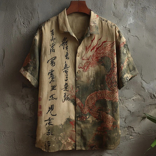 Everwow™ Vintage Red Dragon Calligraphy Shirt – Premium Cultural Print Short Sleeve Shirt