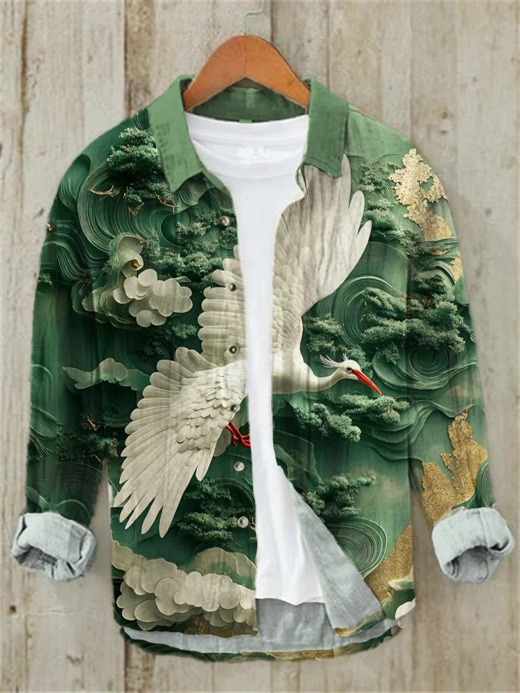 Everwow™ Emerald Crane Horizon Shirt – Premium Artistic Long Sleeve Shirt