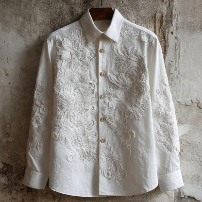 Everwow™ Imperial White Phoenix Embroidered Shirt – Premium Luxury Long Sleeve Shirt